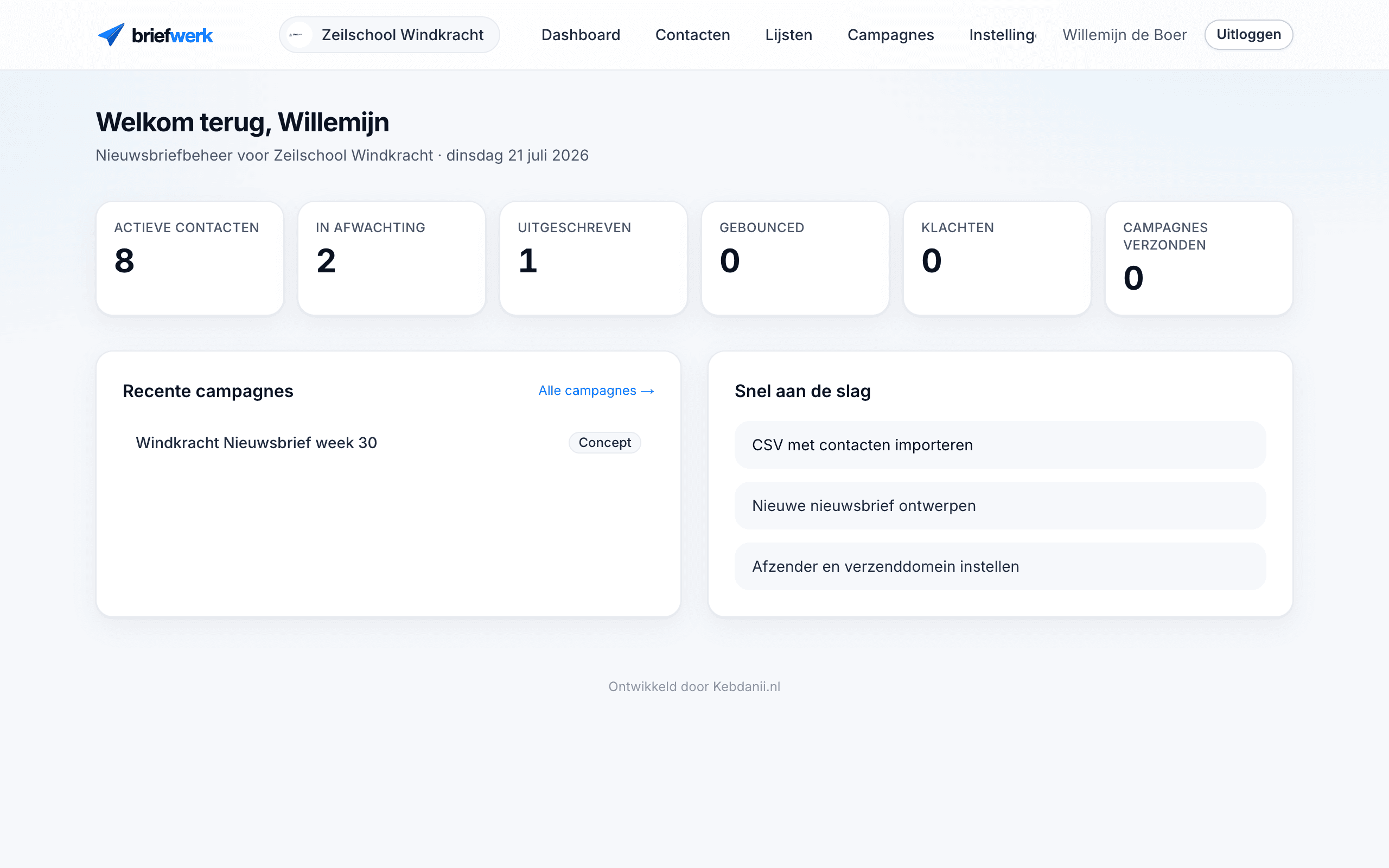 Het Briefwerk-dashboard met contactstatistieken en recente campagnes