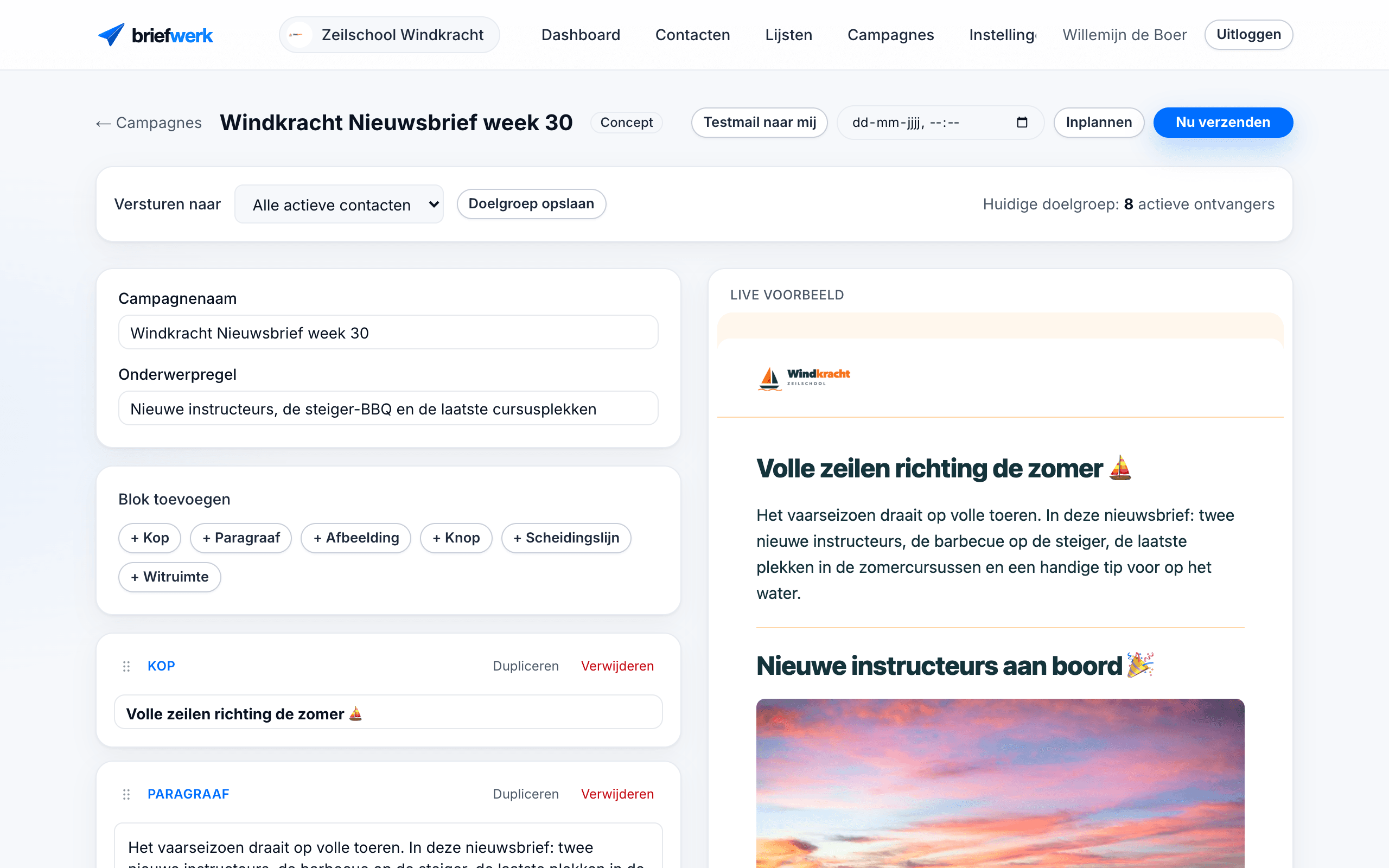 De campagne-editor van Briefwerk met blokken en live mailvoorbeeld